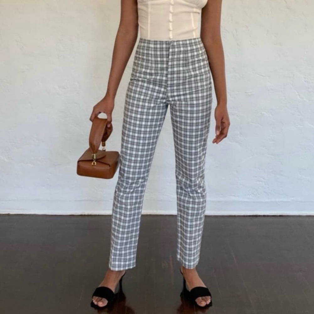 Reformation Lela Plaid Black White Trouser Straight Leg Pants Sz 26